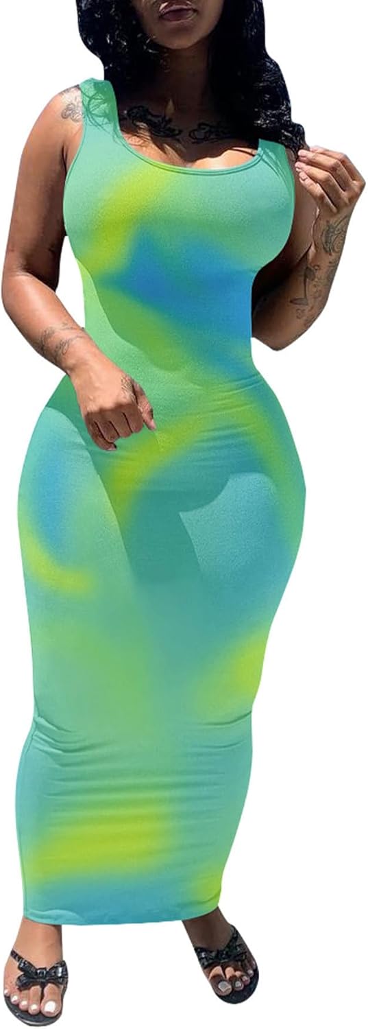 PINSV Women's Sexy Bodycon Tank Dress Basic Sleeveless Long Maxi Dresses Party Club Beach Sundresses