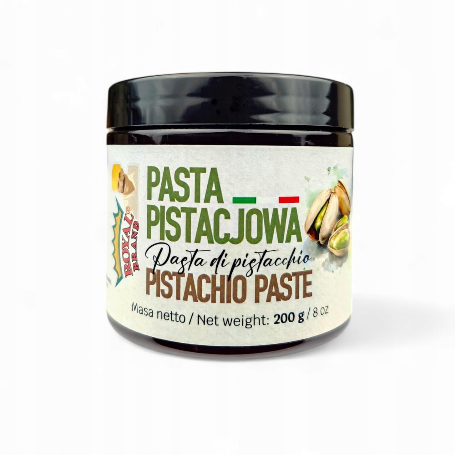 Royal Brand Pasta de pistacho 100% sin aditivos - los mejores pistachos italianos de Sicilia - Crema de pistacho - ‎Pistacho de semillas de pistacho peladas - Para hornear y postres - 200 g