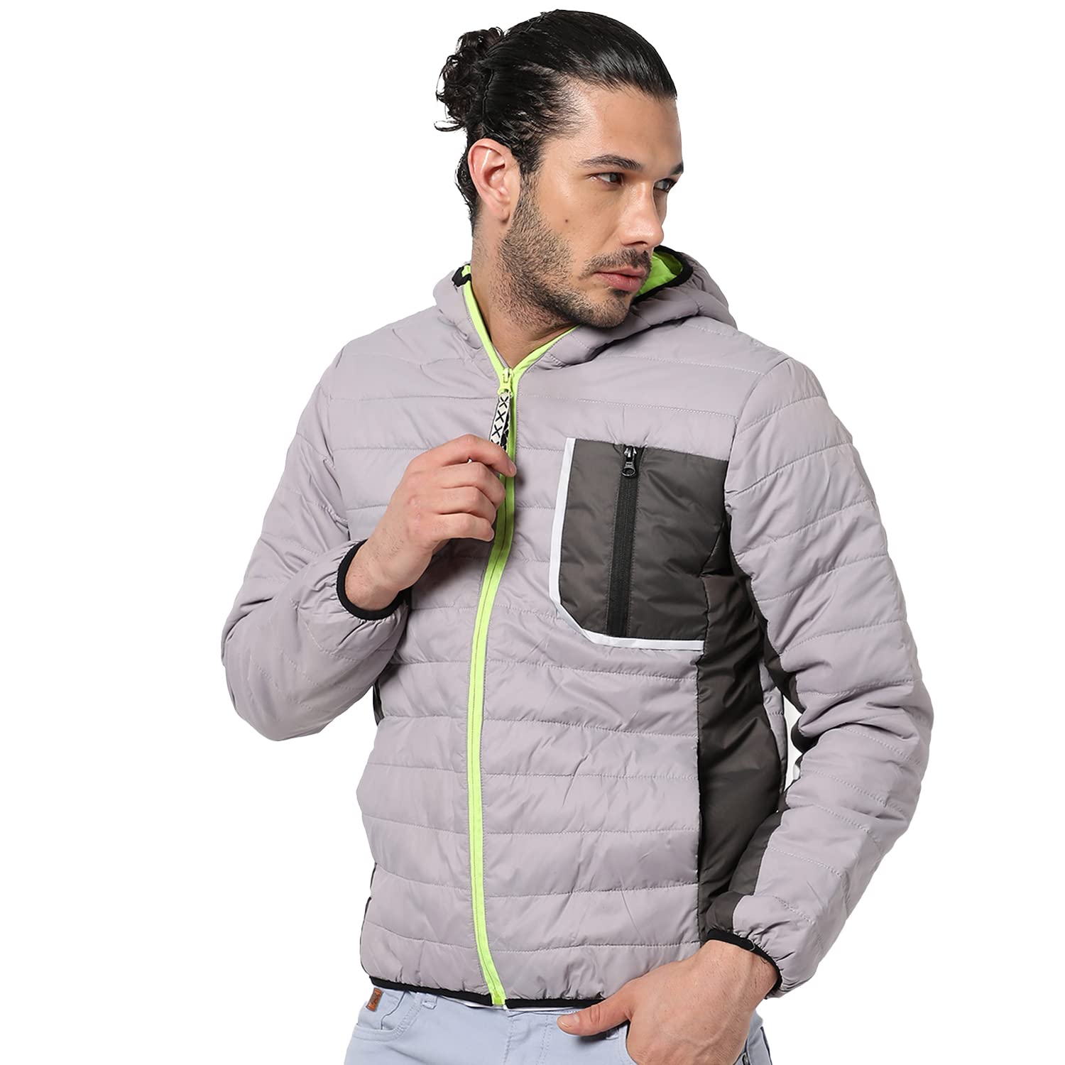 Men's Quilted Puffer Jacket With Contrast Striped Sleeve For Casual Wear | Hood Neck | Long Sleeve | Zip Closure | Polyester Jacket Crafted With Comfort Fit For Everyday Wear-image-39