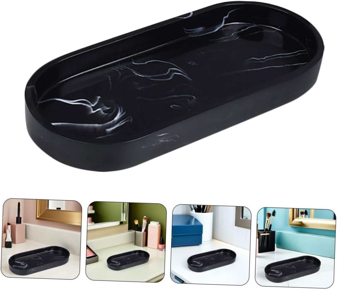 Marble Vanity Tray Resin Organizer 20x10cm Black Bathroom Countertop Jewelry Perfume Storage Dish Decorative Holder for Sink and Dressing Table