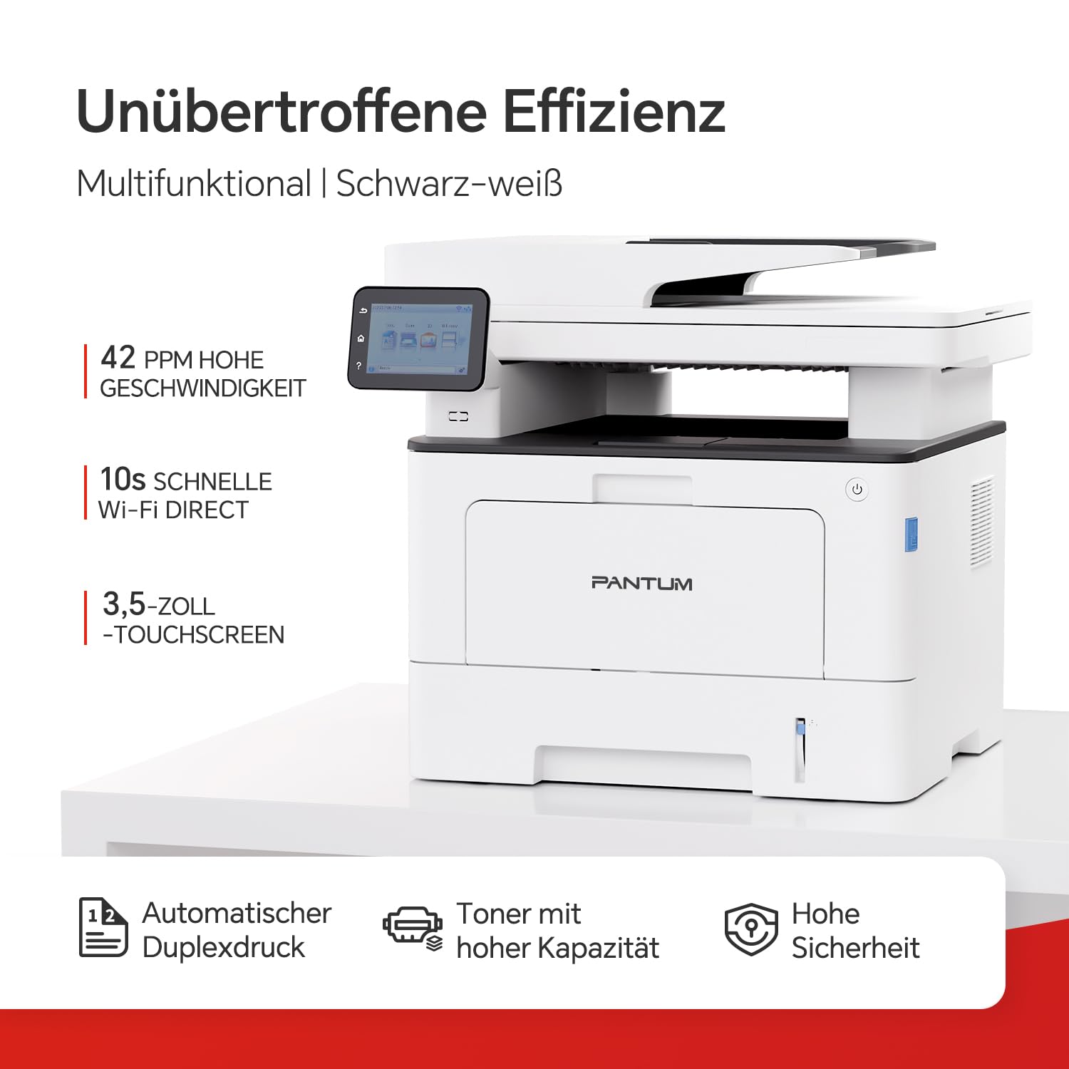 PANTUM BM5220ADW Laserdrucker multifunktionsgerät mit Scanner und kopierer, Schwarz-Weiß, 42 ppm, Automatischer Duplexdruck, Drucker WLAN, A4, Inklusive 3000-Seiten-Starter-Toner