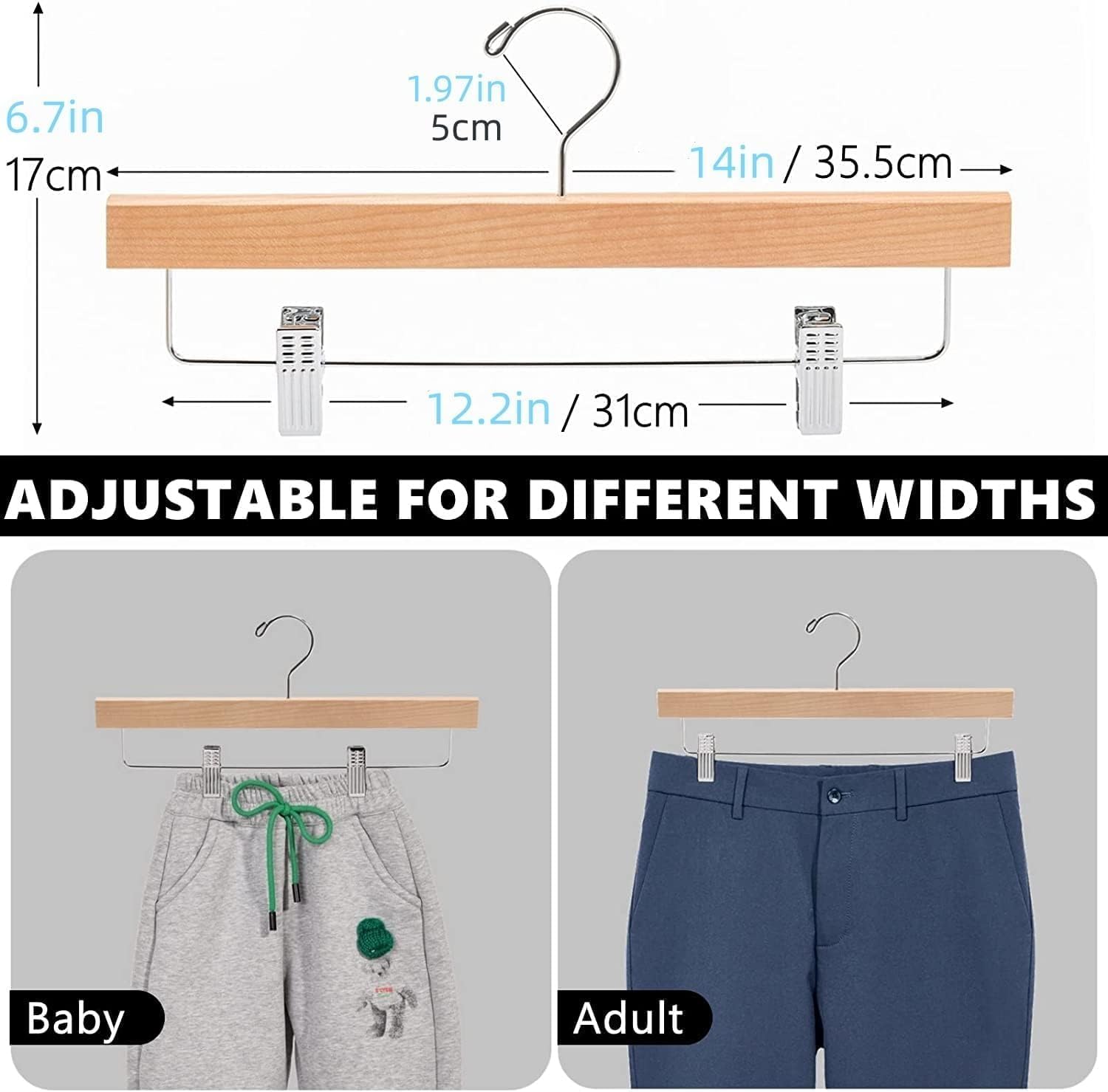 35.5cm Natural Wooden Trouser Hanger 10pcs, Smooth Wooden Skirt Hanger with Adjustable Anti-Slip Clip, Space-Saving Solid Hanger for Bottoms Jeans Slacks