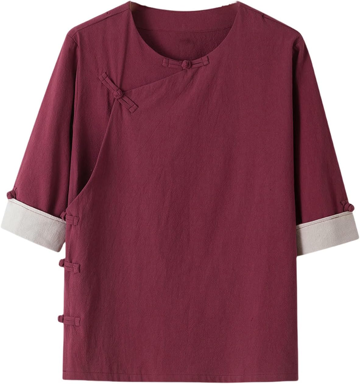 Men's Chinese Style Color Block Cotton Linen Vintage Frog Buttons Three Quarter Oblique Placket Ancient Costume