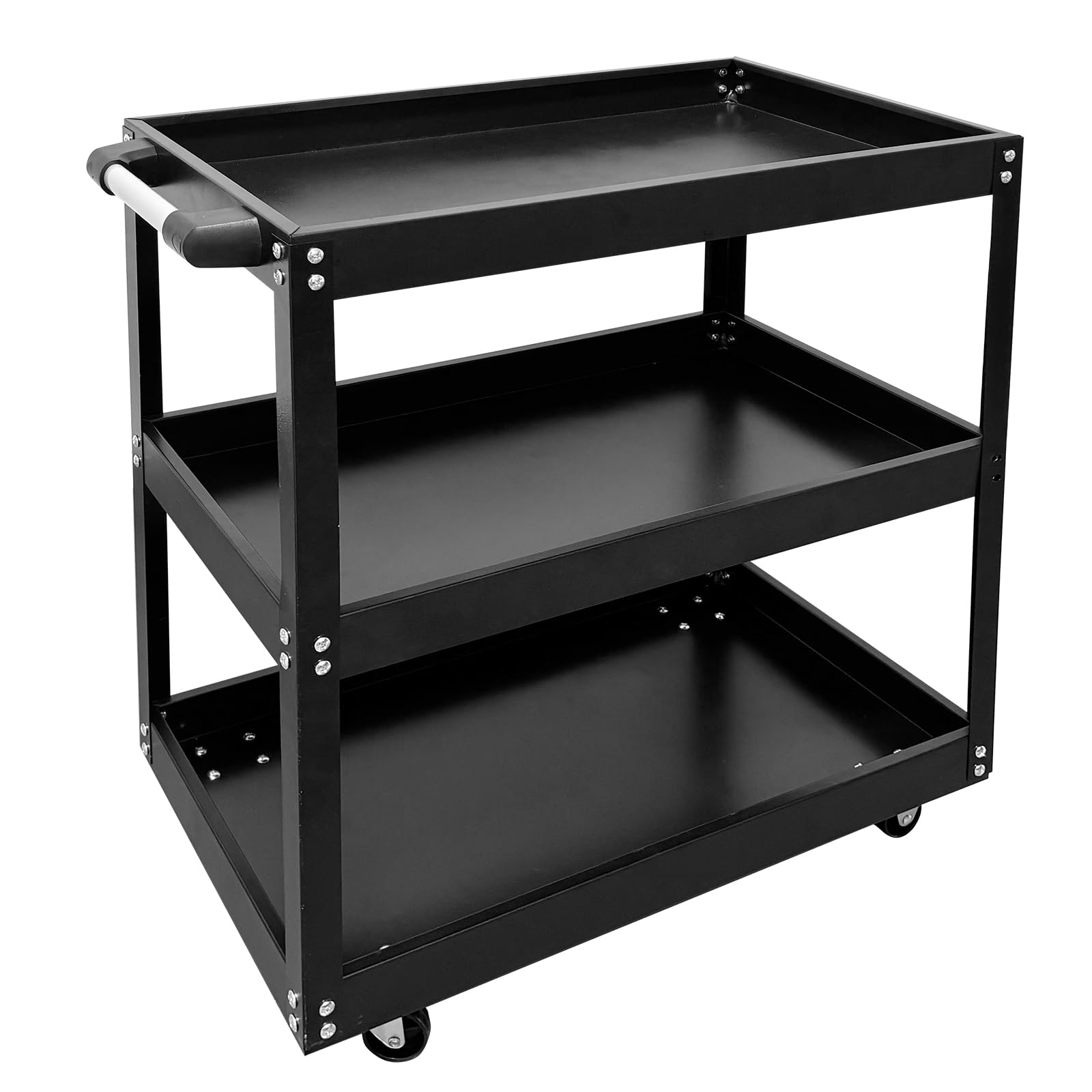 EVGTTI 3-Tier Service Cart 440 lbs Capacity Metal cart on Wheels for Garage Warehouse Workshop Use Stainless Steel Utility Cart Black/Red (Black)