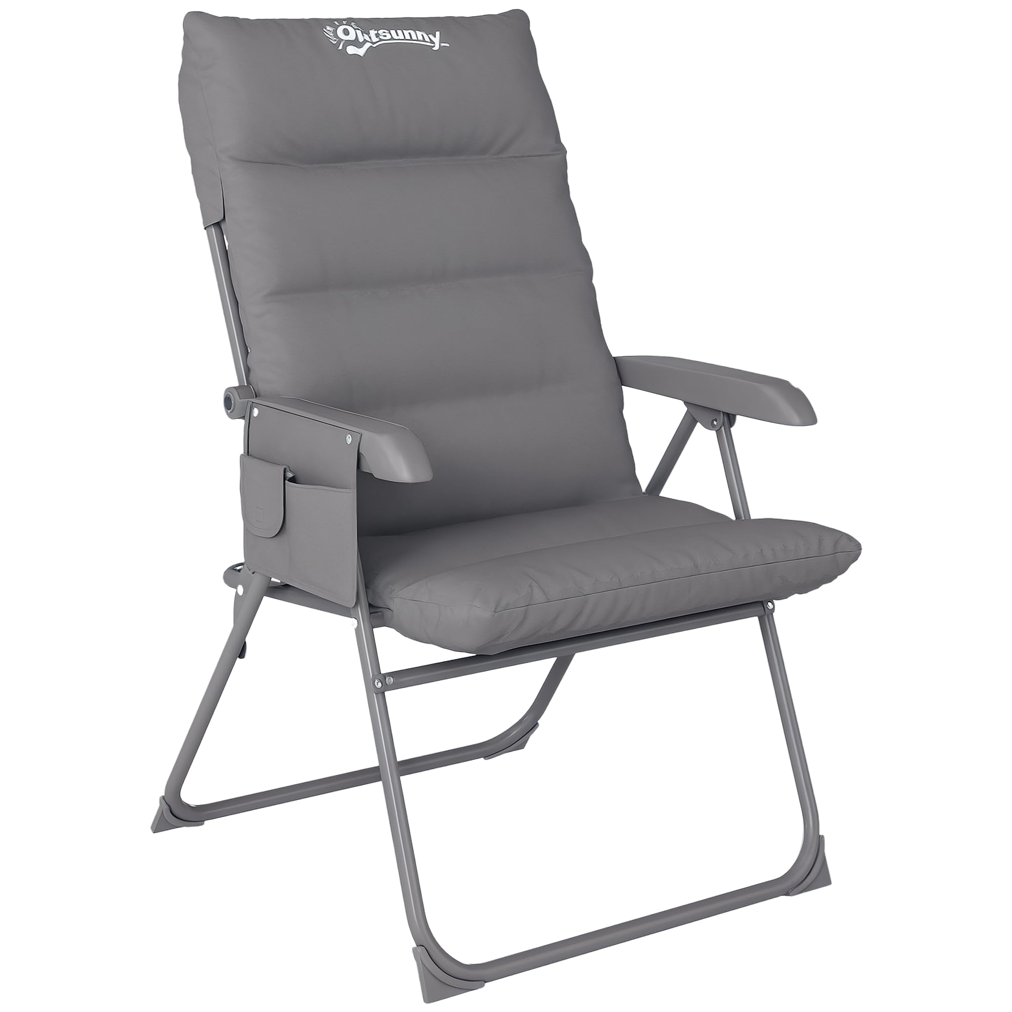 Outsunny Sedia da Campeggio Pieghevole con Schienale Alto Regolabile su 5 Livelli e Tasche Laterali, Sedia da Giardino in Tessuto Oxford e Metallo, Portata Fino a 120 kg, 66x58x105 cm, Grigio Chiaro