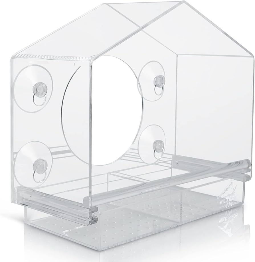 Wild Birds of Joy Bird House Window Bird Feeder with 4 Super Strong Suction Cups & Locking, Sliding Seed Tray, Extra Large, Clear Acrylic, Outdoor Bird Feeders, Outside View of Cardinal and Blue Jay