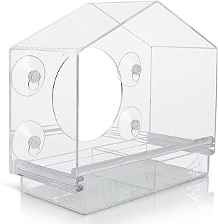 Wild Birds of Joy Bird House Window Bird Feeder with 4 Super Strong Suction Cups & Locking, Sliding Seed Tray, Extra Large, Clear Acrylic, Outdoor Bird Feeders, Outside View of Cardinal and Blue Jay