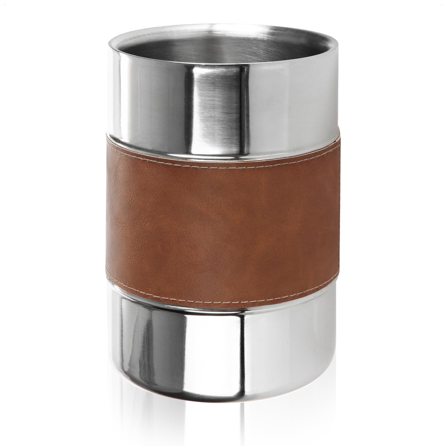 COM-FOUR® Enfriador de champán 6x de acero inoxidable con correa de piel sintética - Enfriador de botellas para vino espumoso y vino - Cubitera de doble pared (6 piezas - plata/marrón)
