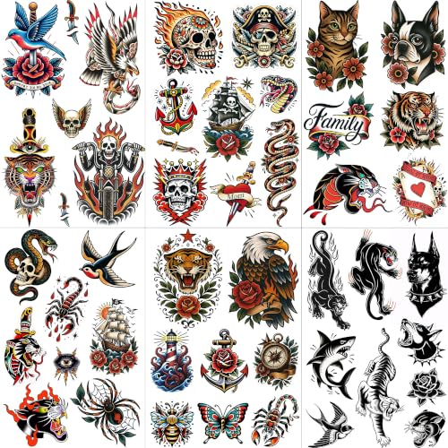 Image of 40+ PCS 6 Sheets Classic Retro American Traditional Temporary Tattoos Old School Tattoo Sticker, Realistic Vintage Pirate Skull Fake Tattoos For Men Women Teens Adults USA Rock Tattoo Party Decoration
