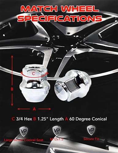 Miniatura 6 de Veritek - Juego de 20 tuercas hexagonales de 1.25 pulgadas 3/4 de 0.748 in de longitud cromadas OEM estilo fábrica grandes bellota para Ford Focus