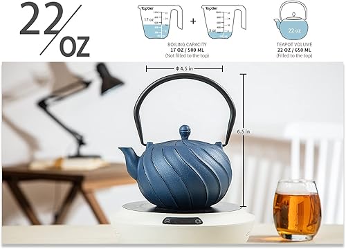 Miniatura 76 de Toptier - Tetera japonesa de hierro fundido con infusor de té de acero inoxidable. Juego de tetera de hierro fundido duradero, diseño retro Tea