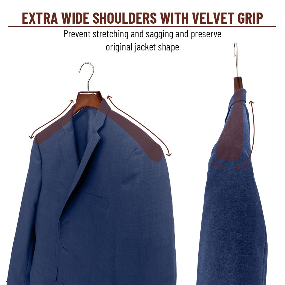 Premiere Luxe Wooden Hangers, Heavy Duty Non Slip Coat Hangers, Heavy Coat Hangers, Wide Shoulder Hangers Suit and Pants, (Mahogany Matte with Black Velvet, 6pk)