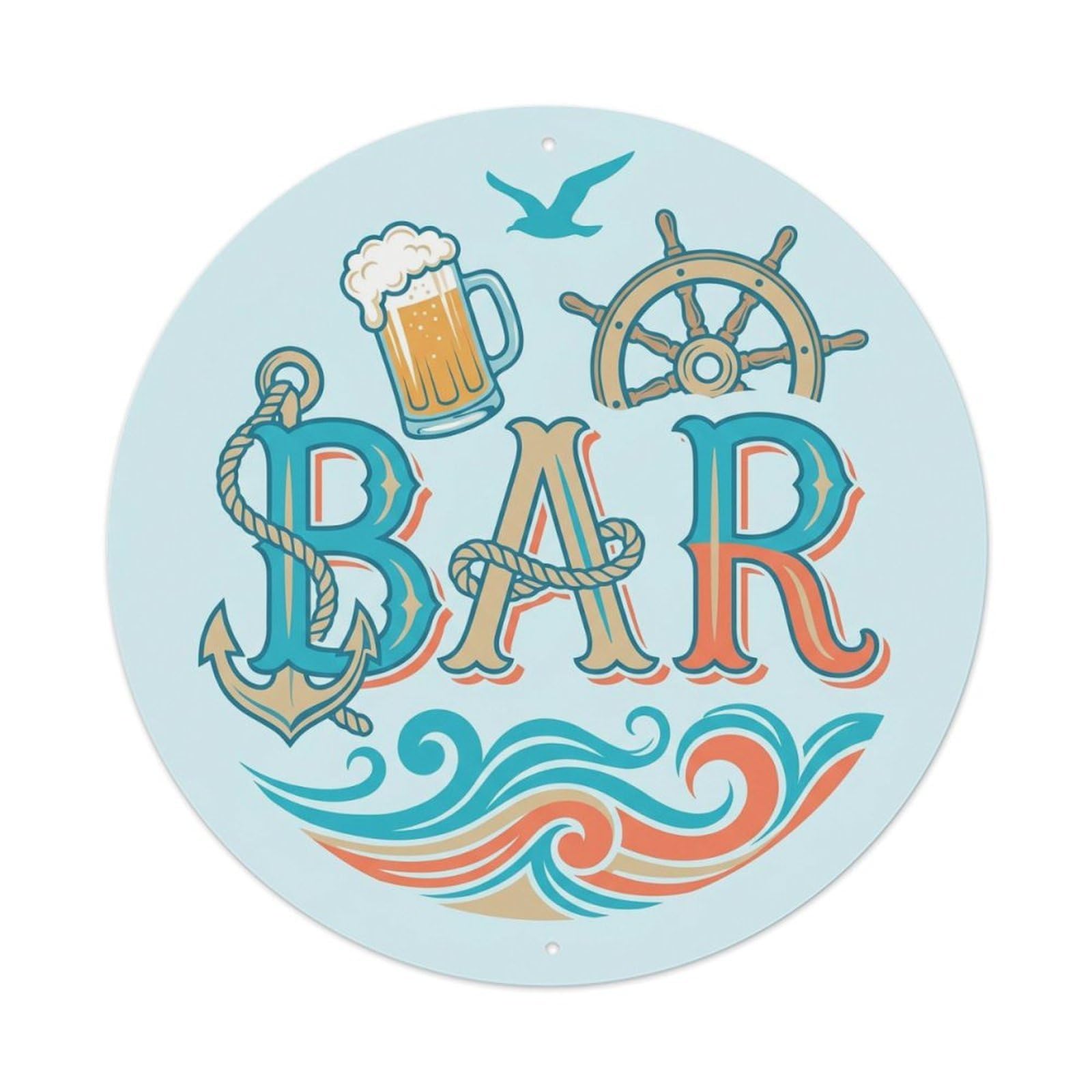 BAR Coastal Pub Emblem Metal Tin Sign Plaque Wall Decor for Cafe, Club Bar, Office, Home Garden Round Metal Poster 8x8Inch