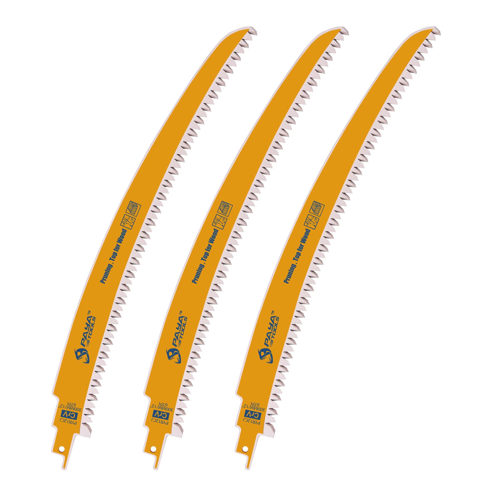 PAYA PYR15CJ - Hoja de sierra de sable (300 mm, 6TPI, dientes japoneses, para madera, corte de árboles y trabajos de talado, hoja de sierra péndulo con borde curvado, uso universal, 3 unidades)