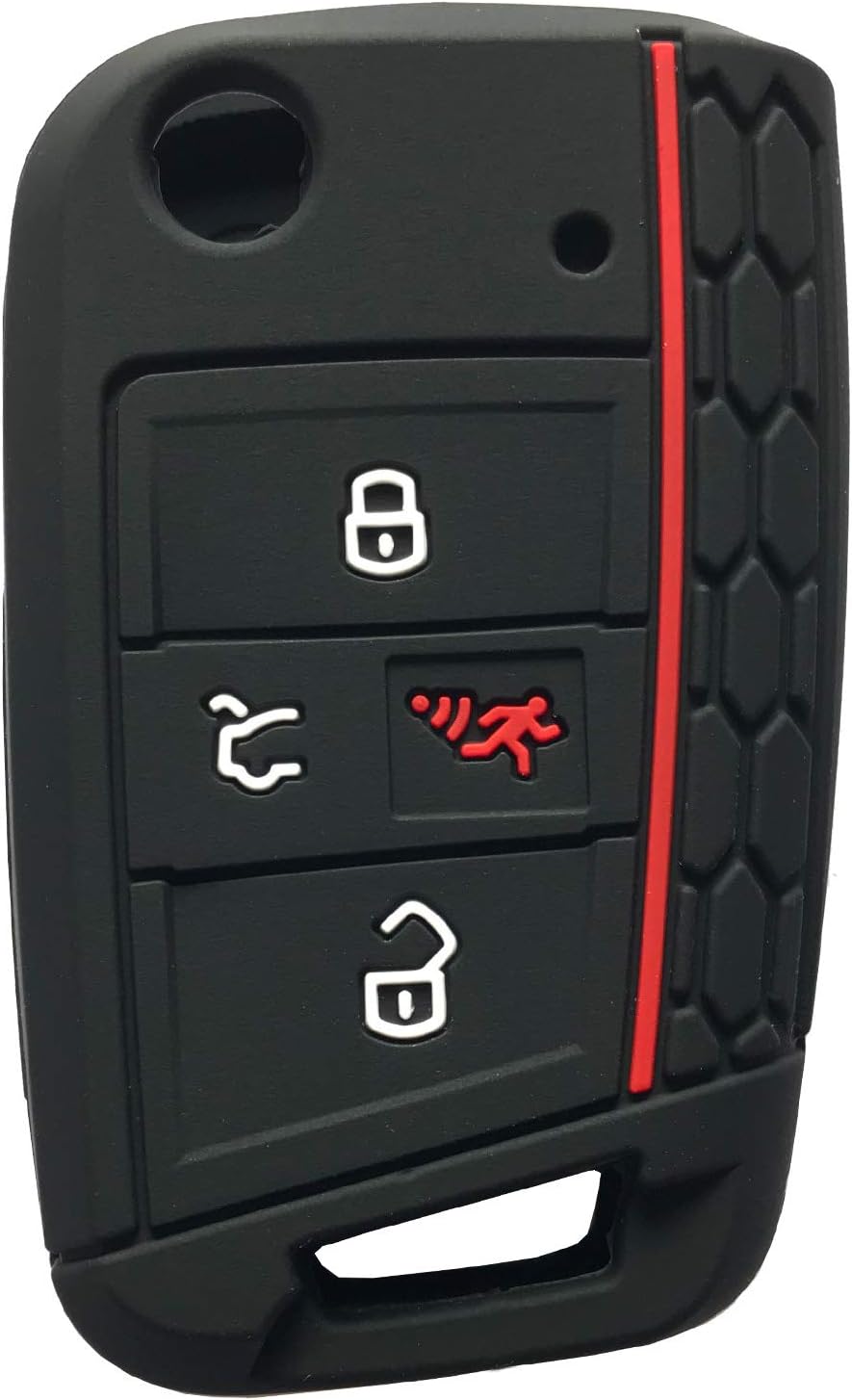 4 Button Silicone Key Cover Case Remote Fob Protector fit for VW 2016-2017 Golf Polo GTI 2018 2019 Tiguan Keyless Entry Remote Key Fob Skin (Black+Red)