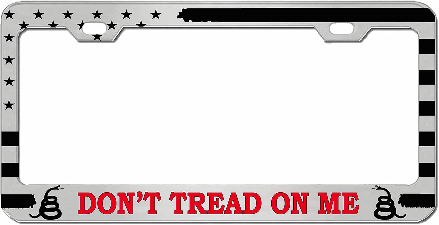 Don't Tread On Me USA Flag Style Heavy Duty Metal License Plate Frame Personalised/Car Accessories Car Tag Holder Cover (Black/Silver/Silver)
