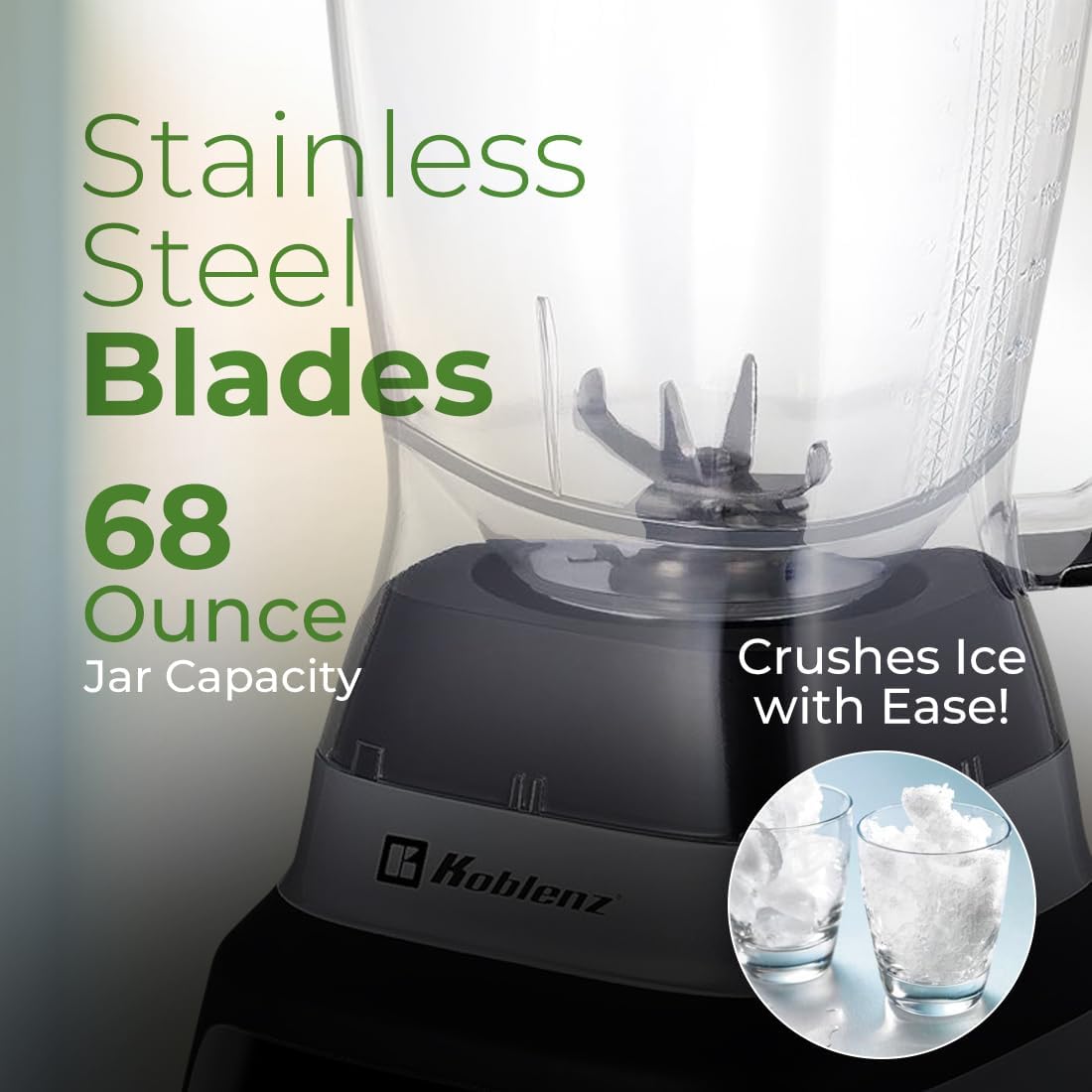Koblenz LKM-9610 Blender with stainless steel blades and 68 ounce jar capacity, crushing ice