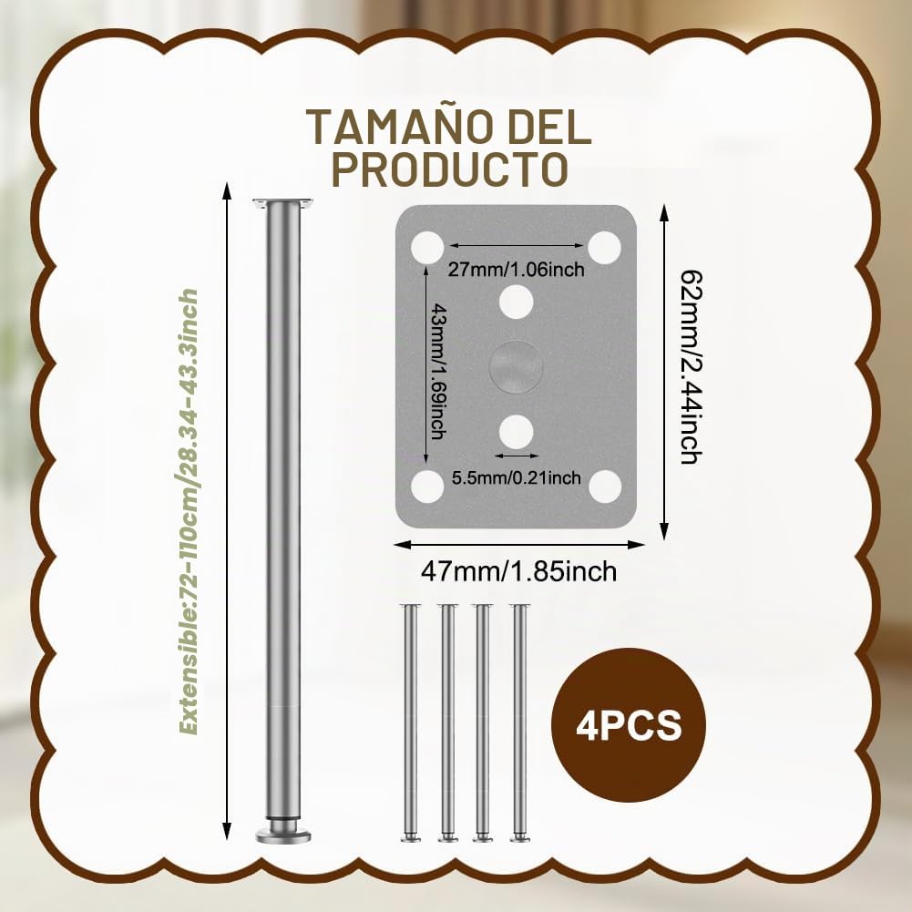 Patas para Muebles Ajustables de 72 a 110 cm, 4 Patas de Mesa Grises en Altura Regulable, Patas de Metal de Altura Ajustable para Patas de Muebles, Patas de Armario, Patas de Mesa, Patas de