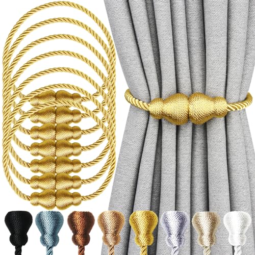 Nieffeiy Magnetic Curtain Tiebacks 6Pack Outdoor Curtain Tie Backs Rope Decorative Magnetic Curtain Holders for Drapes Window Treatment Holdbacks, Gold