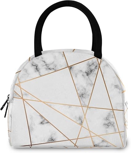 Miniatura 2 de AUUXVA Bolsa de almuerzo con estampado geométrico de líneas doradas, con estampado de mármol, lonchera aislada con asa, bolsa de hielo reutilizable