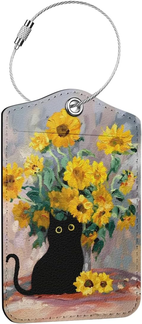 Cute Cat and Sunflower Luggage Tags for Suitcases, PU Leather Suitcase Tags