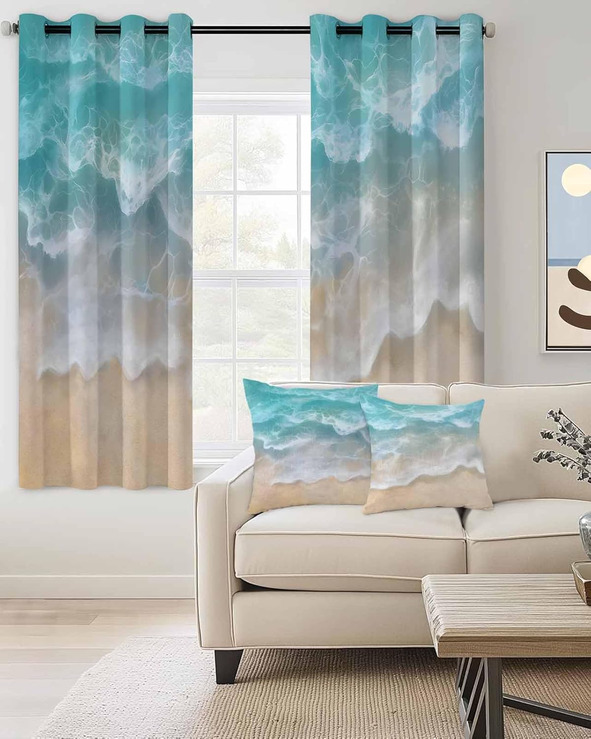Turquoise Summer Beach Blackout Curtain 39 Inch Length 2 Panels Set, Coastal Water Ripple Two-Layer Sewing Polyester Fiber and White Blackout Curtain with Grommet, 27.5" x 39" x2