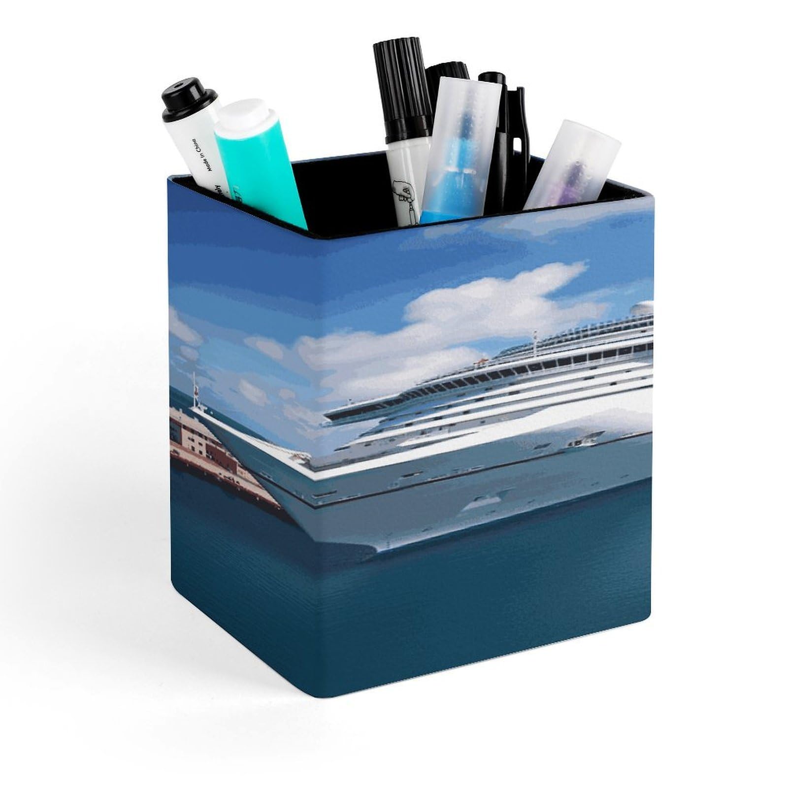 MUSM Cruise Ships Pen Holder Square PU Leather Desktop Organizer And Makeup Brush Holder Storage Box Modern Design Stationery Organizer for Office Desk Accessory
