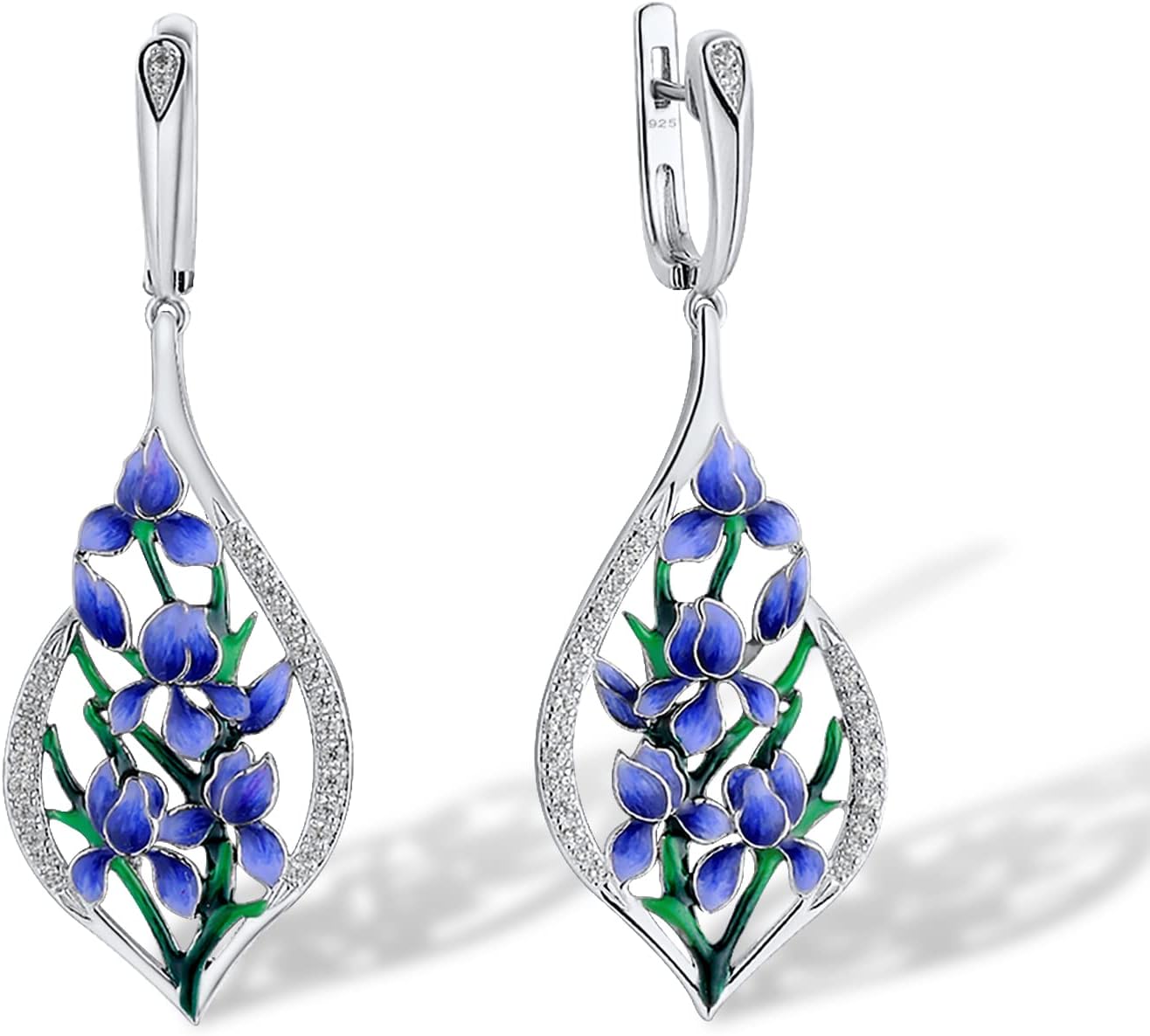 Santuzza 925 Sterling Silver Cubic Zirconia Flower & Dragonfly Enamel Earrings for Women