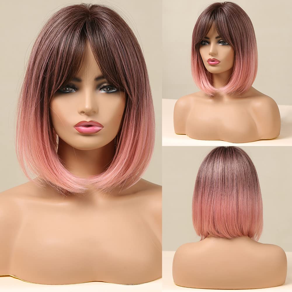 incohair Ombre Pink Bob Wig,Short Straight Silky Pink Wig with Bangs 12" Short Pink Wig Dark Roots Synthetic Wig Natural Looking for Daily(12inch,Ombre Pink)