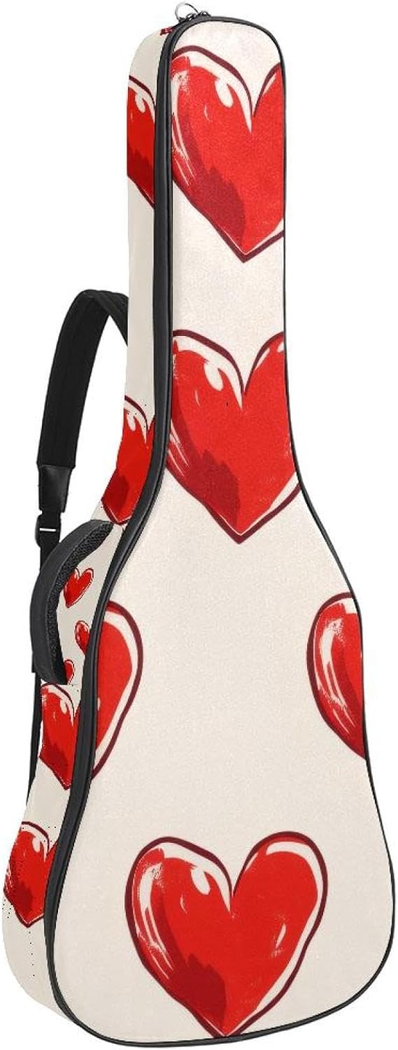Acoustic Guitar Gig Bag 10mm Thick Padding, Soft Waterproof Guitar Case with Adjustable Backpack Straps for 40-42 Inch Guitar, Cute Red Hearts on Cream Background
