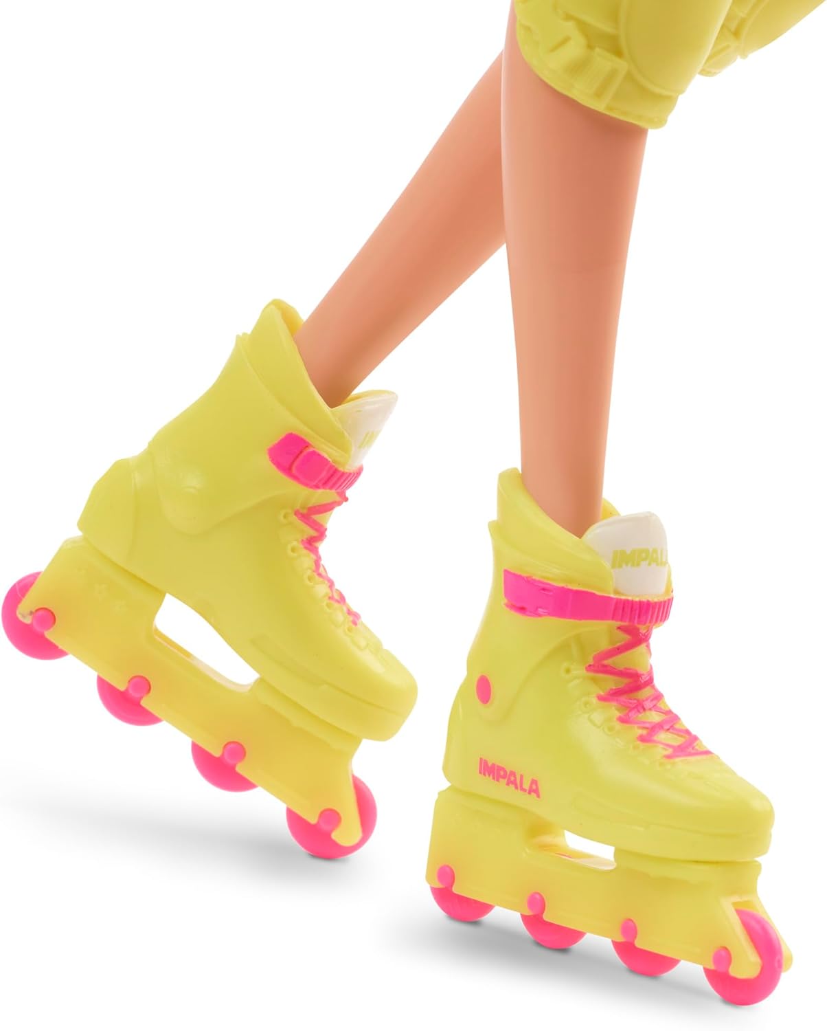 Barbie The Movie Margot Robbie - Skating Doll with Neon Outfit, Retro Gymnastics Suit, Pink Biker Shorts, Sun Shield, Neon Green Hoop Earrings, Skating Equipment, Impala Inline Skates, HRB04