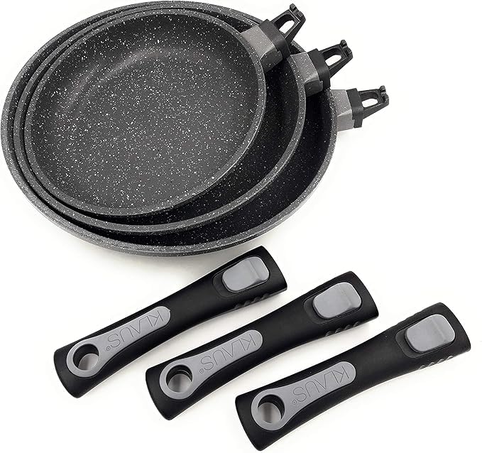 KLAUS Lot de 3 poêles en Pierre de Hautes qualités antiadhésif Compatible Tous Feux Dont Induction les 3 poêle à frire adapté au Four grâce à Leur Manches Amovibles Ø 20 cm, Ø 24 cm et Ø 28 cm