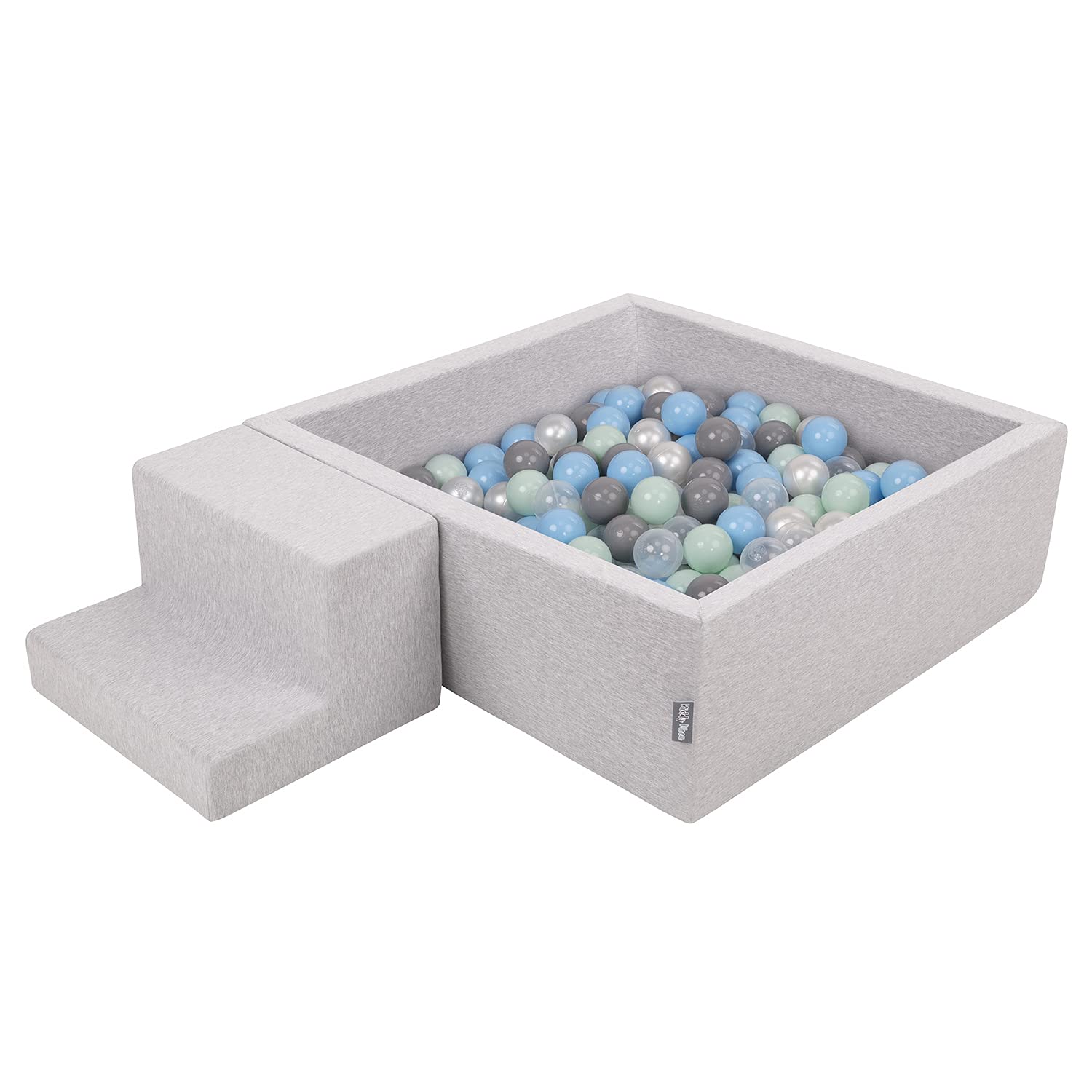 KiddyMoon Foam Playground For Kids With Square Ballpit (100 Balls ∅ 7Cm/2.75In) Soft Obstacles Course And Ball Pool, Made In The EU, Lightgrey:Pearl/Grey/Transparent/Babyblue/Mint