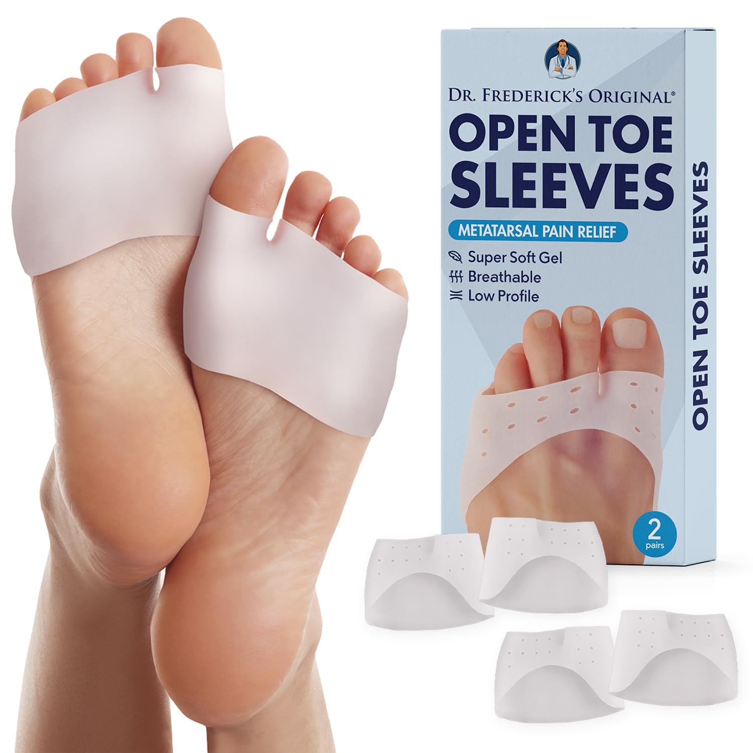 Dr. Frederick's Original Open Toe Sleeves | Half Toe Sleeve Metatarsal Pads | 4 Pieces | Ball of Foot Cushions | Great for Calluses and Blisters | for Men and Women | Perfect for High Heel Shoes