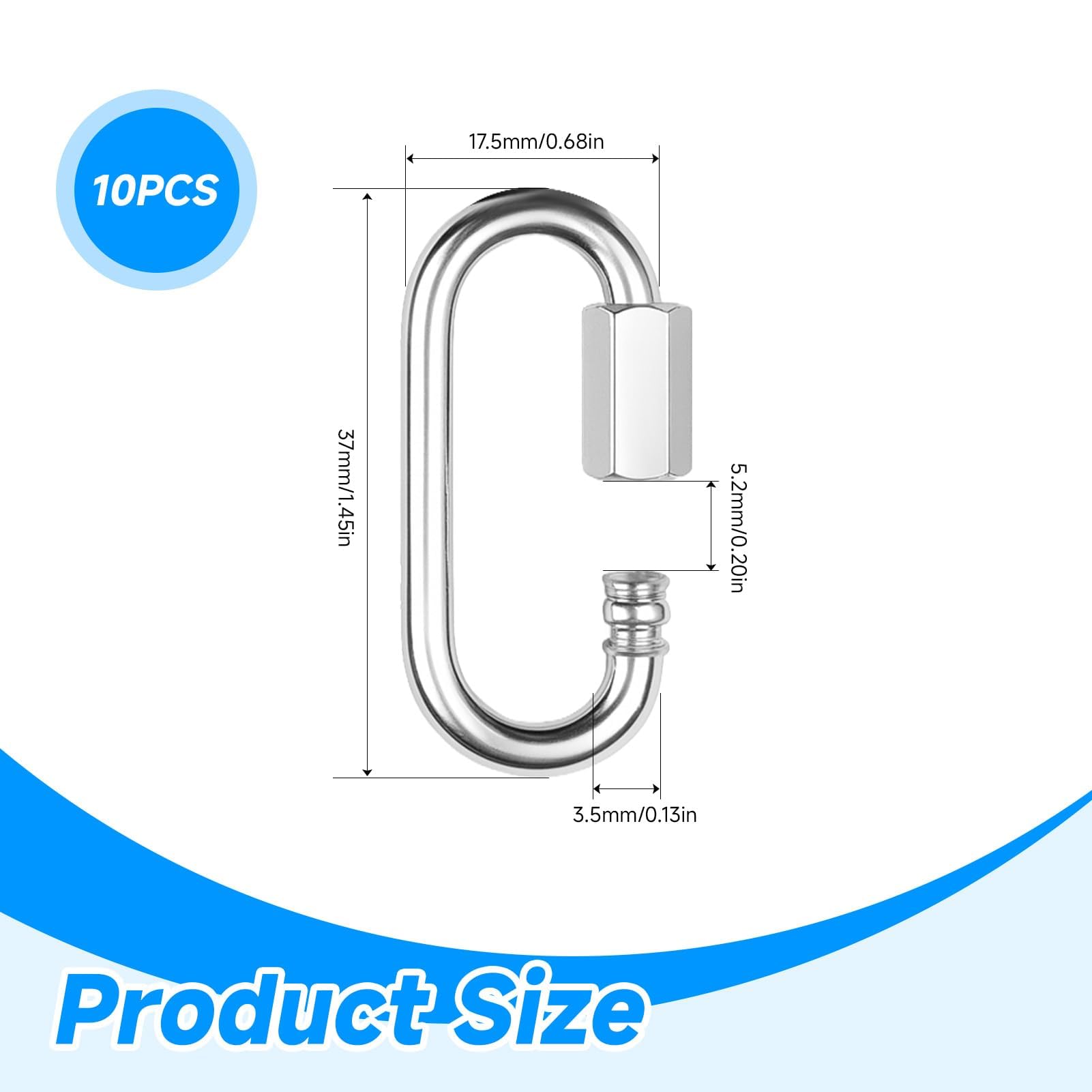 10pcs Petits Mousquetons en Acier Inoxydable 3.5mm avec Vis, Maillons Rapides pour Camping, Randonnée, Hamac, Connecteur Chaîne, Forme D, Argent, pour Camping et Randonnée