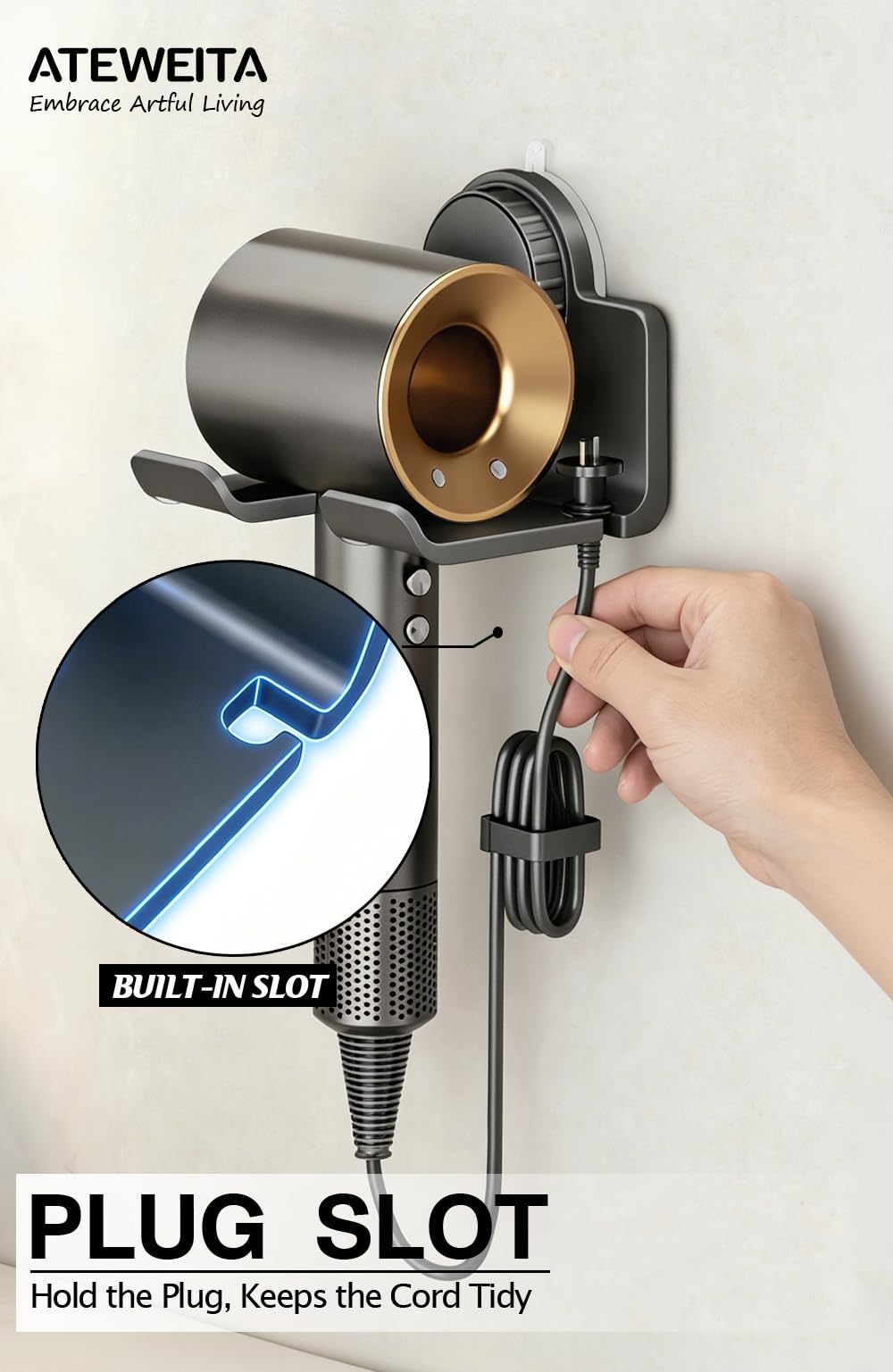 Saugnapf Föhn Halterung ohne Bohren | Fönhalter für Badezimmer, verstellbare Haartrocknerhalter mit starkem Halt für Mieter, Universeller Hair Dryer Holder