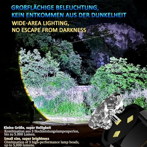 ASORT LED Taschenlampe Mini Extrem Hell，5000 Lumen Aufladbar，5 Lichtmodi kleine Torch mit Magnete und Langer Betriebsdauer，3* Starke Lampenperlen，IPX6 Wasserdicht, für Camping，Wandern，Outdoor，Notfälle