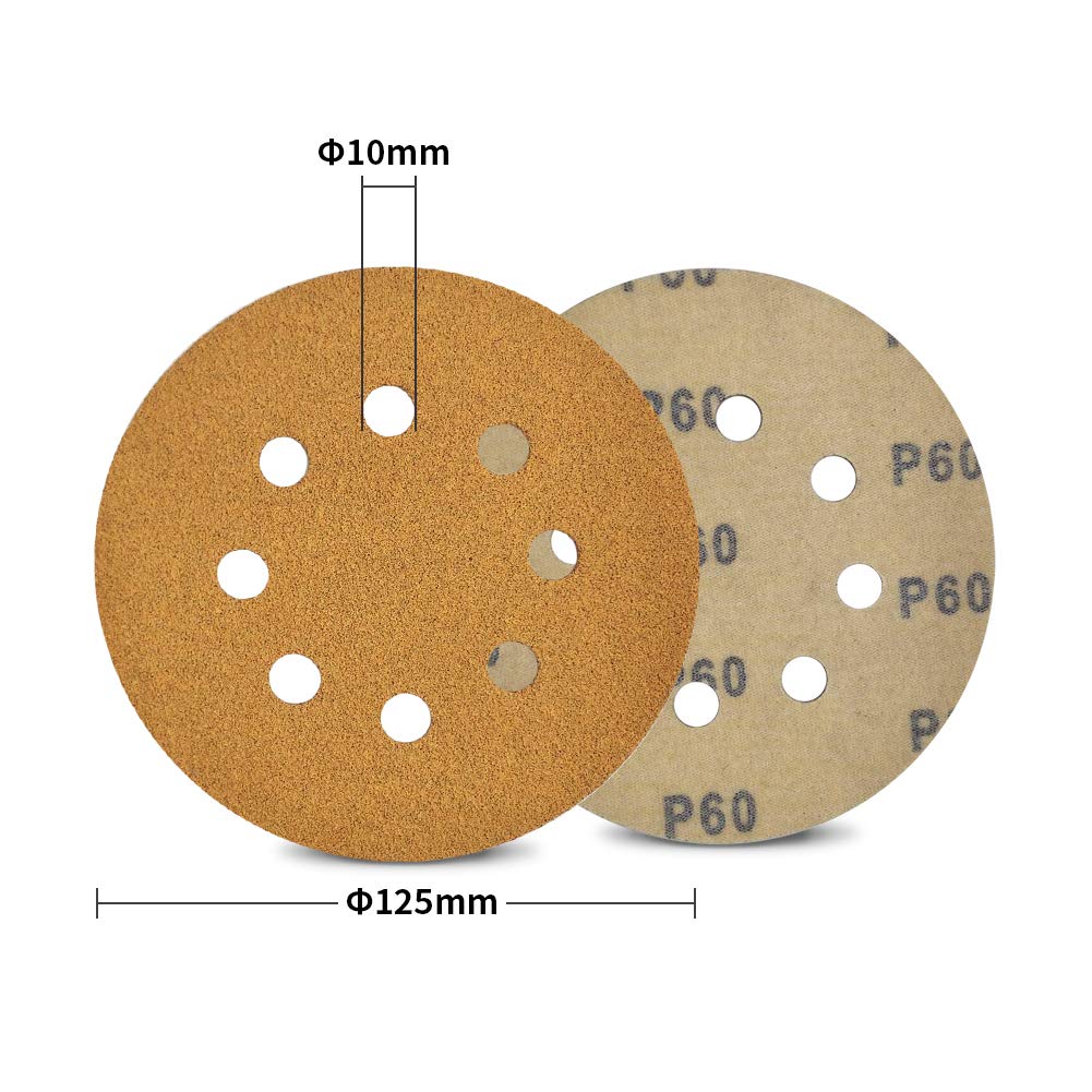 SPEEDWOX 50 Pcs 5 Inches 8 Hole Sanding Discs 60 Grit Dustless Hook and Loop Sandpaper for Random Orbital Sander Yellow Finishing Discs for Automotive Woodworking