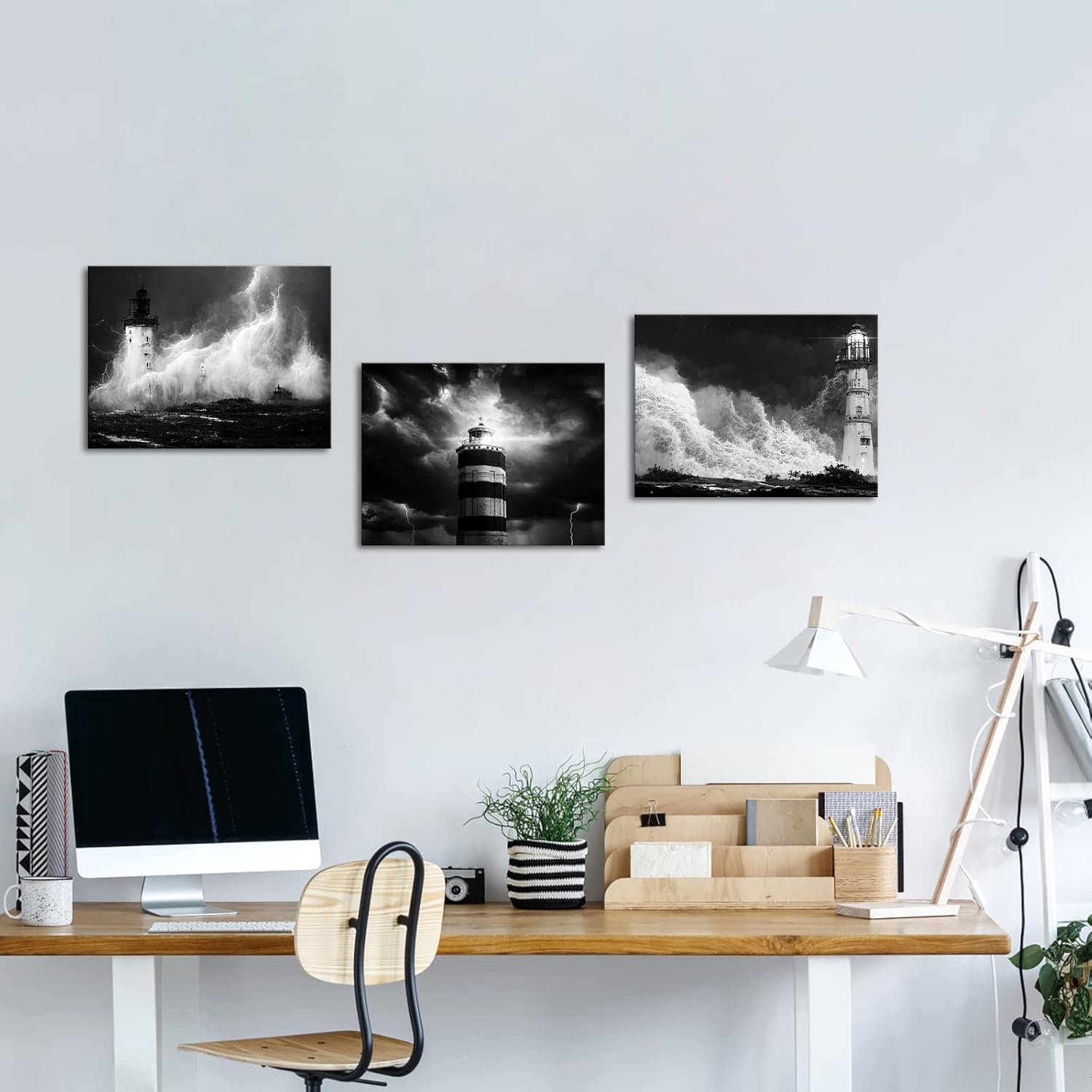 RnnJoile Lighthouse Wall Art Decor Black and White Nautical Storm Canvas Picture Prints Set Ocean Wave Seascape Painting for Bathroom Men's Room Framed 12"x16"x3pcs (Small)