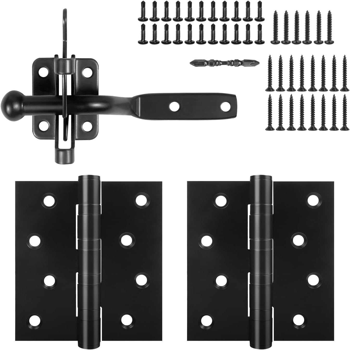 Gate Hinges Hardware Kit,Black Durable Stainless Steel Material, with 2 Heavy Duty Door Hinges and a Latch,for Gardens, Fence Gates, Outdoor Use, Easy Installation