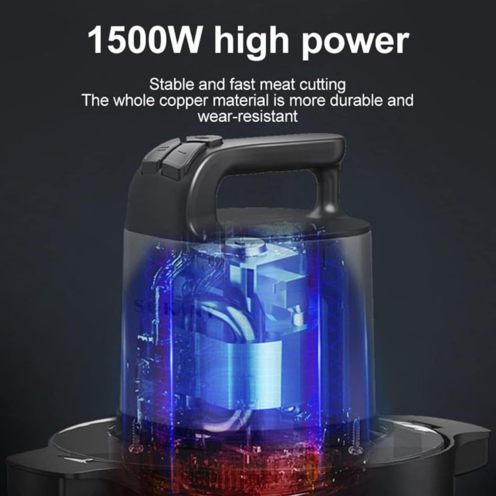 Robot da cucina da 1500 W con ciotola in acciaio inox da 6,5 l, 3 velocità, multifunzione, per tagliare carne, affettare verdure, macinare frutta, 4 lame incluse