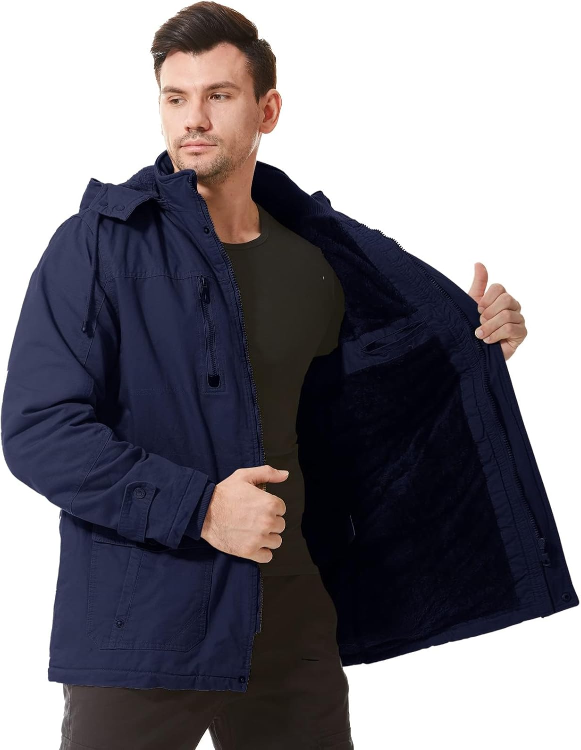 Mens Jacket Winter Casual Fleece Lined Cotton Thick Military Tactical Hooded Work Coats with Cargo Pockets - Image 4