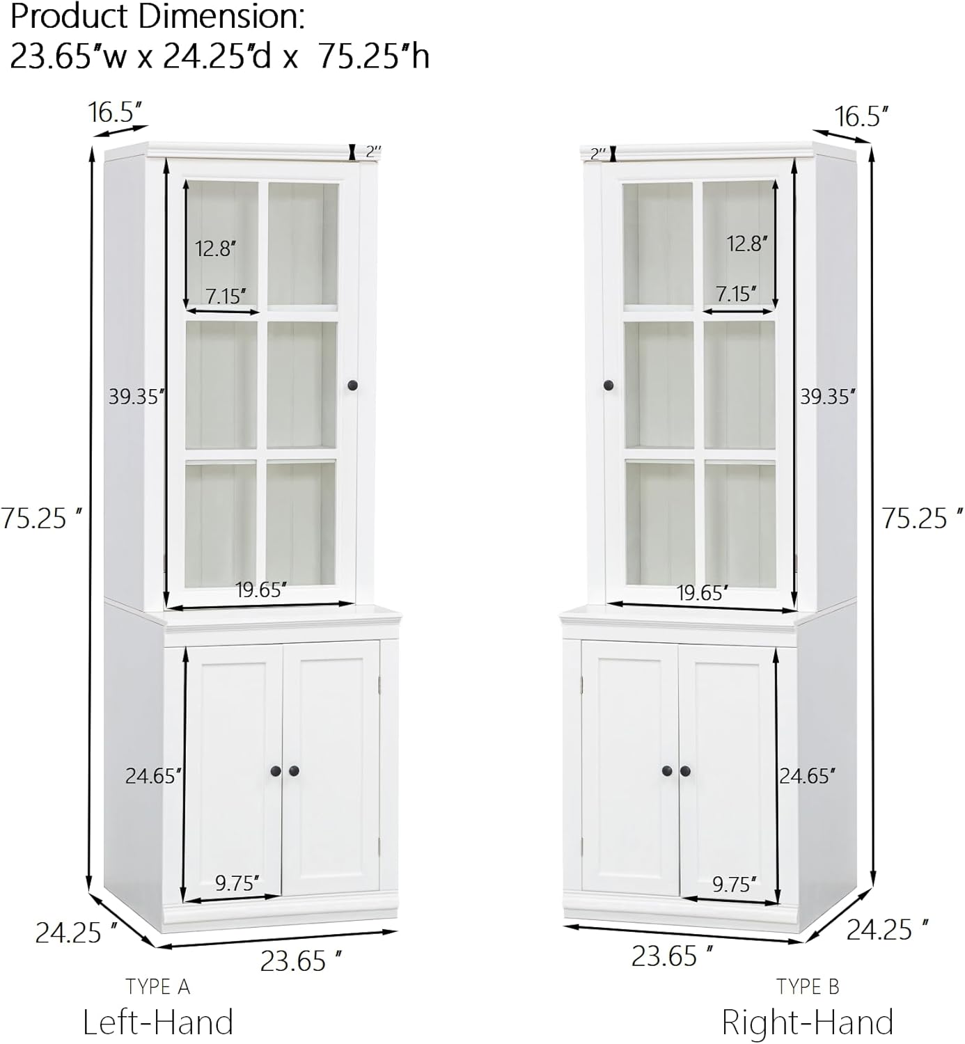 75.25'' Tall Display Cabinet with Single Tempered Glass Door, Hutch Cabinet with Double-Action LH & RH Door for Living Room, Kitchen, Home, Studio or Workspace, White