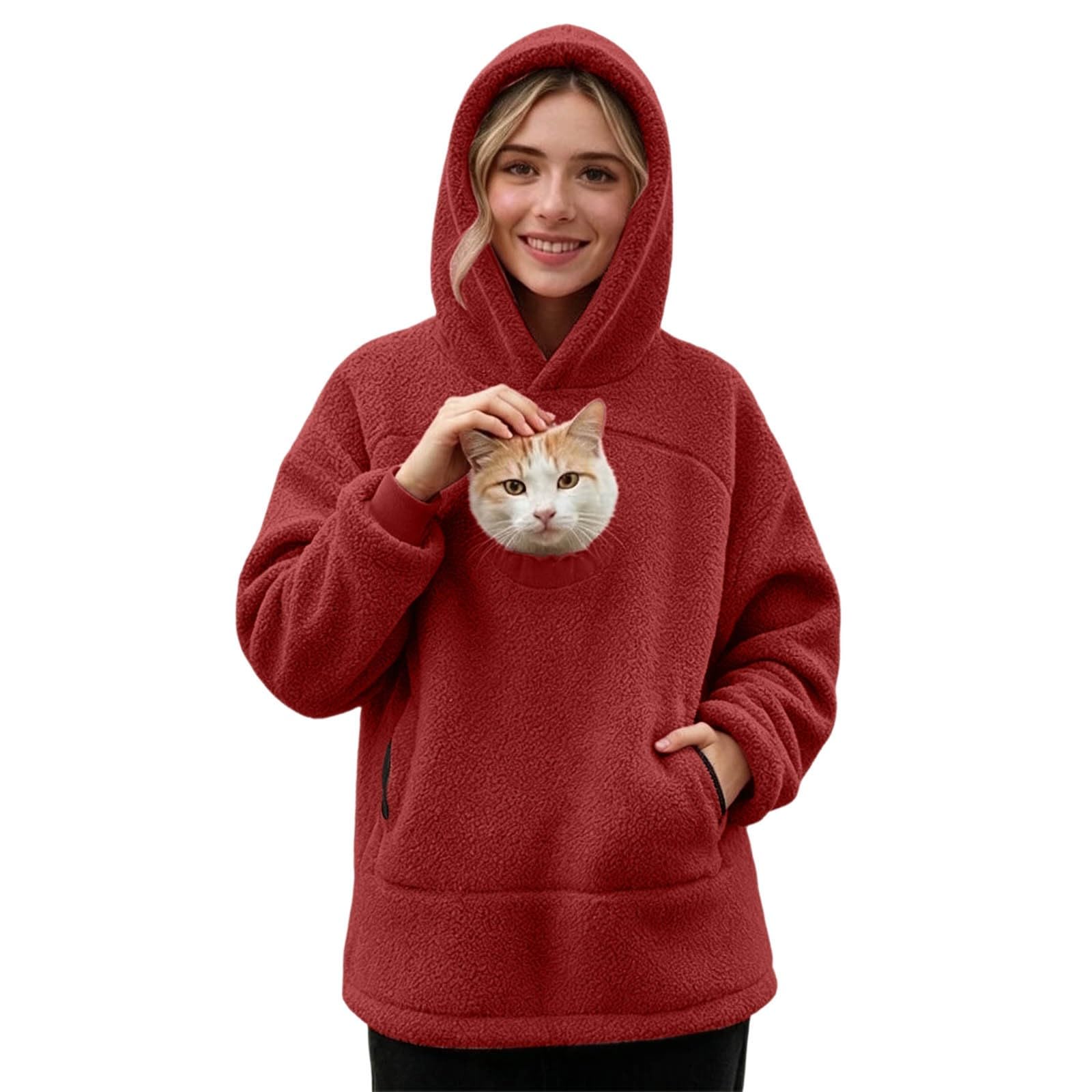 Pet Pouch Hoodie, Jumper with Cat Pocket Dog Puppy Carrier Warm Fluffy Winter Fleece Pullover Sherpa Funny Sweatshirts with Kangaroo Pouch for Pet Lover