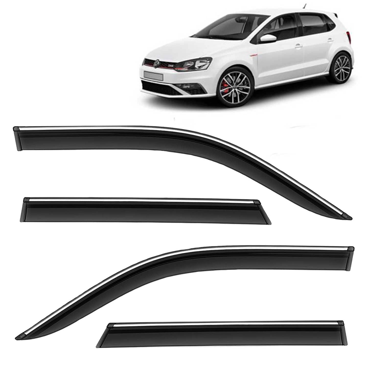 KINGSWAY Accessories Chrome Lining Door Visor Only Compatible with Volkswagen Polo GT Year 2012 to 2022 All Model, Premium Chromeline Unbreakable Car Rain Guard Side Rear Wind Deflectors, Set of 4 Pcs