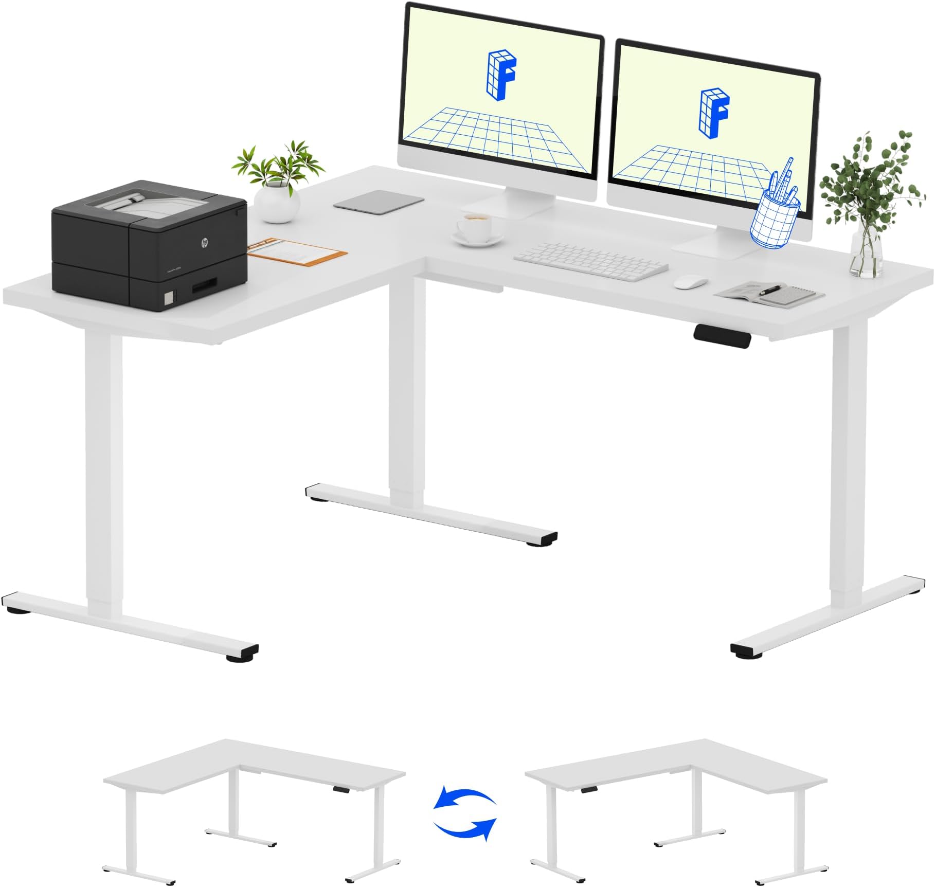 FLEXISPOT L Shaped Standing Desk, 63 x 55 Inch Electric Height Adjustable Corner Desk, Sit Stand Computer Workstation, Preset Controller, Home Office, White Frame with White Top