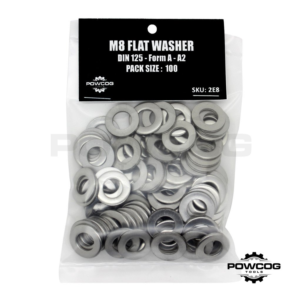 M8 Flat Washer - A2 Stainless Steel Thick Grade 304 Metric Grade - Form A DIN 125 - by POWCOG® - Pack of 100