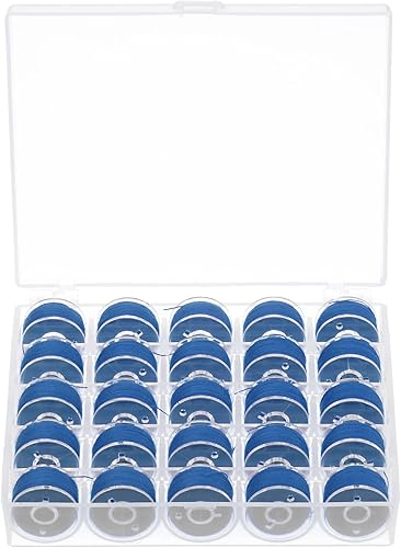 HARFINGTON Juego de hilos de bobina preenrollados tamaños estándar con caja de 25 compartimentos para bordar y máquina de coser, color azul