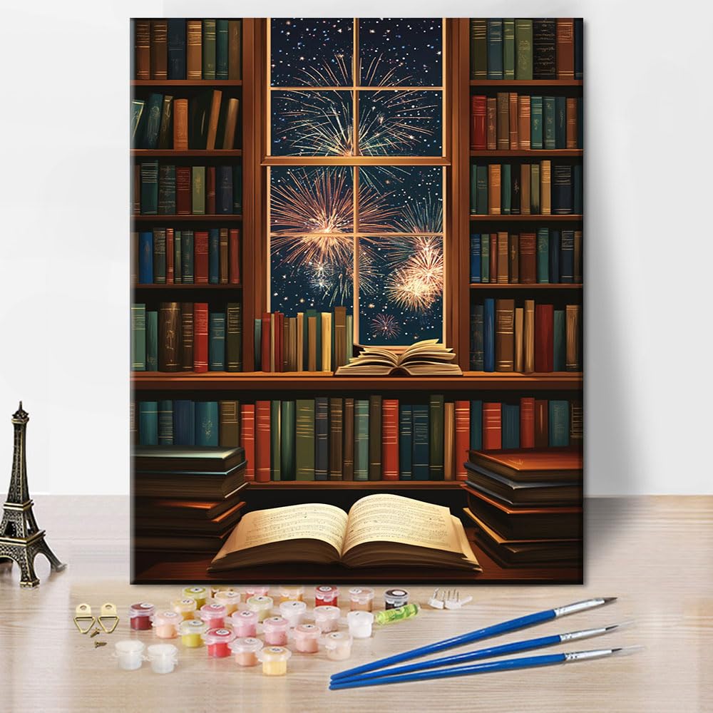TISHIRON Bookcase Adult Paint by Numbers, Fantasy Library Paint by Numbers Kit for Adults Beginner, Vintage Books Acrylic Oil Hand Painting for Gift Home Wall Decor 16"x20"(Frameless)