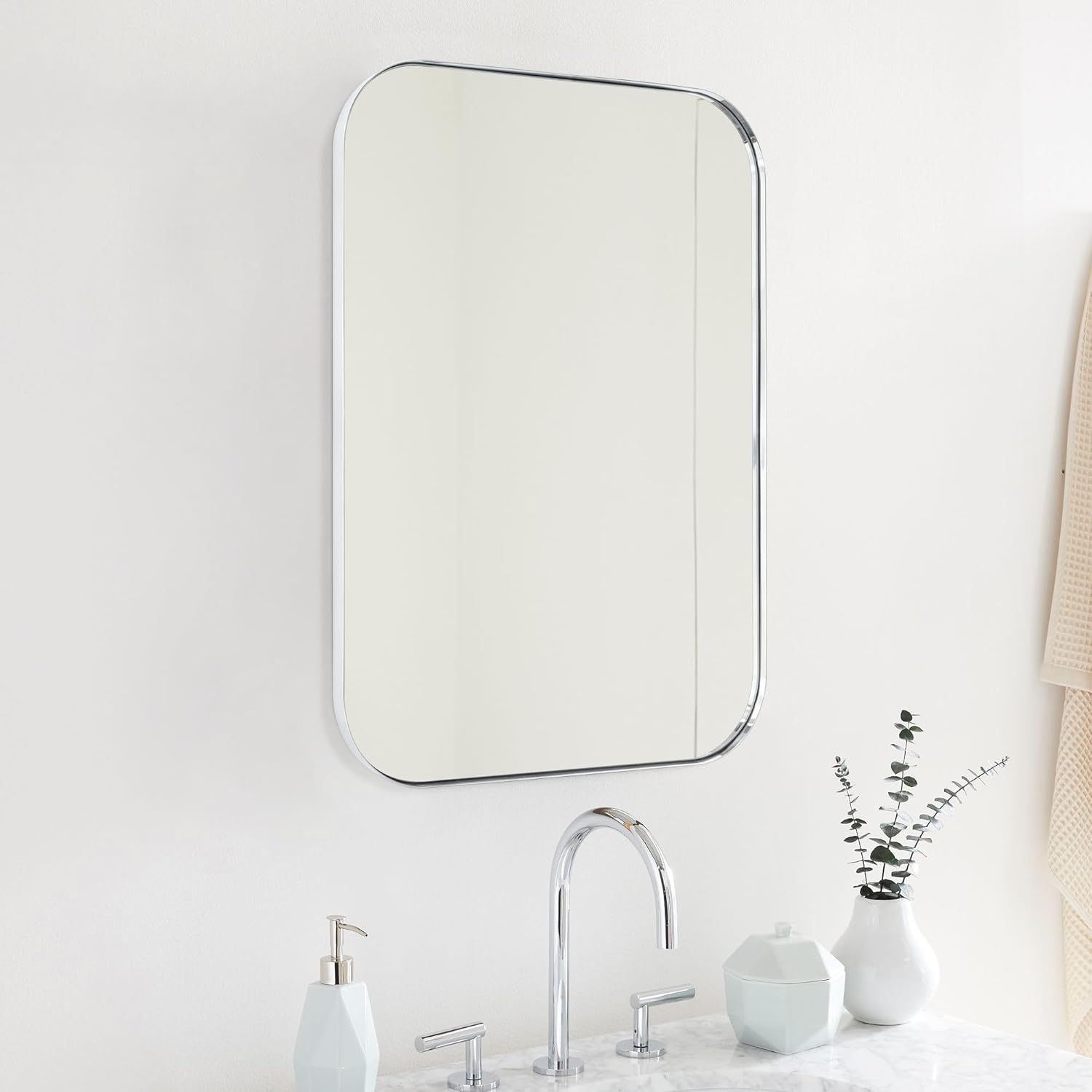 22x30 Chrome Rounded Rectangle Bathroom Vanity Wall Mirror Stainless Steel Metal Framed Rectangular Bathroom Mirror Vertical and Horizontal